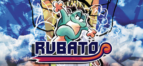 The RUBATO logo in bold blue-and-red lettering beneath a cartoon frog character mid-leap, set against a sketched cloudy sky background