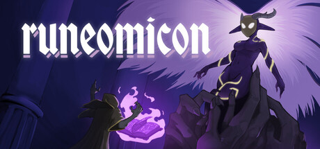 Runeomicon key art showing the wizard protagonist summoning a towering, horned, masked goddess of death