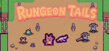 Rungeon Tails logo above pixel-art critters holding a gun and a hammer in a dirt courtyard