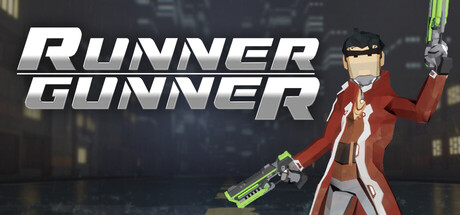 Key art showing a stylized runner character holding a glowing green weapon against a city skyline