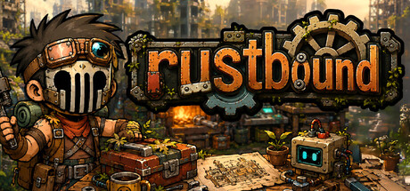 Header art for Rustbound showing a gas-masked scavenger character beside the game's rusted-metal logo, with crafting workbenches and a ruined city skyline in the background