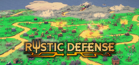 Rustic Defense key art showing a winding path through hills dotted with towers and burning enemy camps