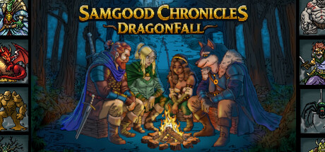 Retro pixel-art key art showing a party of five fantasy adventurers gathered around a campfire in a dark forest, with class portrait thumbnails bordering the sides