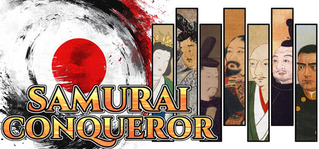 Samurai Conqueror logo beside a row of painted historical Japanese portraits over a rising-sun graphic