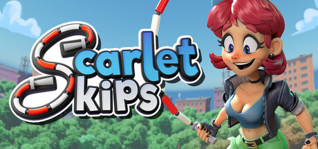 Scarlet Skips logo art, with Scarlet holding a jump rope beside the stylized title