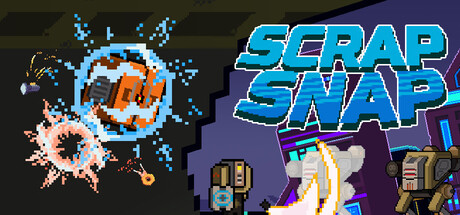 Scrap Snap key art showing a pixel-art energy explosion beside the game's blue logo and armored android figures