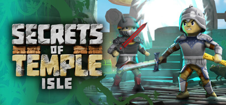 The Secrets of Temple Isle logo in carved stone-block lettering beside two armored adventurer characters wielding swords