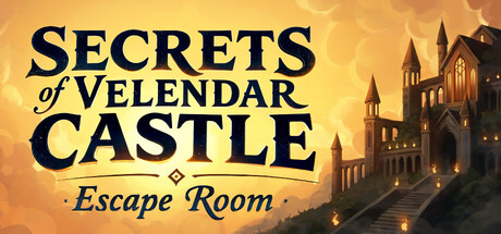 The Secrets of Velendar Castle - Escape Room logo in ornate gold script over a glowing castle silhouette on a hilltop at sunset