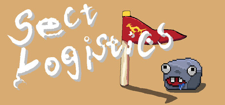 The Sect Logistics header art, showing the game's brush-lettered title beside a wooden pole flying a red pennant flag with a small gold dragon emblem, next to a gray, wide-eyed, drooling slime creature, on a tan background