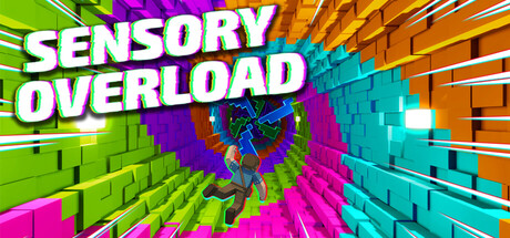 Sensory Overload key art: the game's bold logo over a running figure diving into a twisting, multicolored voxel tunnel