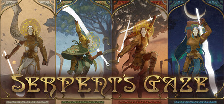 Serpent's Gaze key art showing four different armored warrior classes posed in an art-nouveau style banner above the game's logo