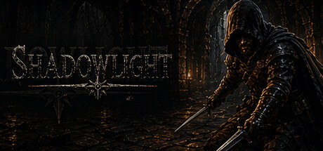 Shadowlight logo beside a hooded thief holding twin daggers in a torchlit dungeon