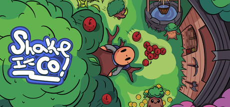 The hand-lettered blue-outlined 'Shake it Co!' logo beside a cartoon character shaking a large tree, with apples, coins, and a small mailbox and cabin visible around a lawn