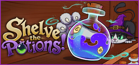 Shelve the Potions key art with the game's logo beside a large glowing potion bottle and a witch's cat peeking out from behind a hat