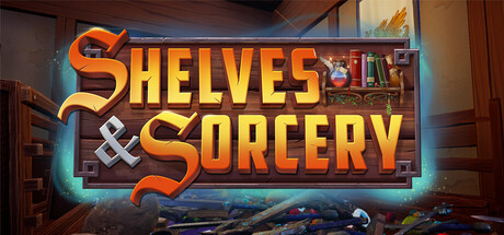 Shelves and Sorcery logo lettering glowing over a cluttered wooden shop counter