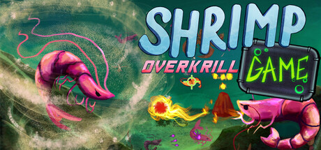 Key art for SHRIMP GAME: OVERKRILL showing a pink shrimp mech facing off against a giant shrimp silhouette over a volcanic seabed