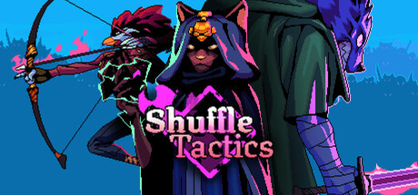 Key art for Shuffle Tactics showing three cloaked pixel-art characters, an archer, a hooded fighter, and a horned figure, against a blue city backdrop
