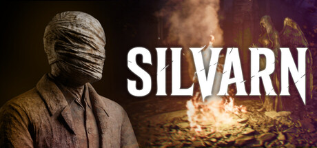 SILVARN key art showing a bandage-wrapped, faceless figure in a suit beside the game's logo, with a bonfire and a stone angel statue glowing in the background