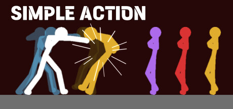 SIMPLE ACTION title art: a white stick-figure counterattacking a brown enemy in a burst of light, with a row of colored enemy silhouettes waiting behind it