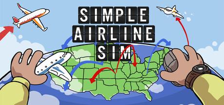 Simple Airline Sim key art showing cartoon hands directing toy airplanes across a simplified map of the United States
