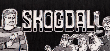 Hand-drawn pencil key art for Skogdal showing the town's punk residents alongside the game's logo