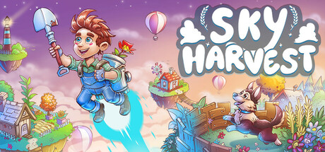 Key art for Sky Harvest, showing the farmer flying with a jetpack over floating islands beside a dog