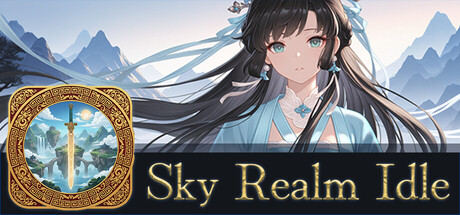 Sky Realm Idle key art showing a robed cultivator with long dark hair and blue hair ribbons standing before misty mountain peaks, with the game's sword-and-waterfall icon beside the logo