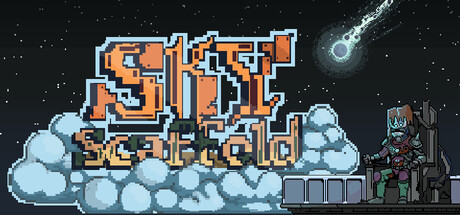 Sky Scaffold logo over a pixel-art starfield, with a comet streaking past a robed figure seated on a mechanical throne