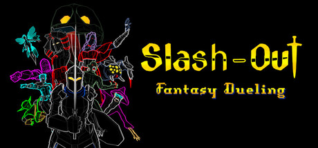 Slash-Out: Fantasy Dueling key art, a neon wireframe knight silhouette surrounded by colorful outlined fantasy boss designs on a black background