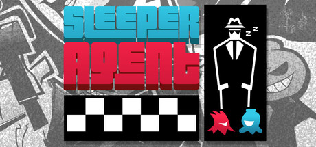 Header art for Sleeper Agent showing the game's bold cyan-and-red block-lettering title over a checkered detective-hat pattern, next to a black silhouette of a fedora-wearing agent smoking a cigarette with 'Zzz' sleep marks, flanked by small red and blue alien character icons, all against a grungy noir-toned background