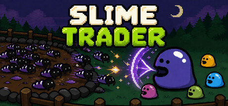 Slime Trader title screen with a pixel-art purple slime and a fenced pen of larvae in the background