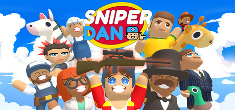 Cartoon key art for Sniper Dan showing a grinning cast of townsfolk in colorful outfits crowded around a sniper scope logo against a blue sky