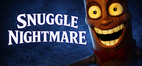 Snuggle Nightmare logo beside a grinning wooden animatronic mascot with a red bow tie