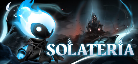 The Solateria logo beneath a small blue-flamed warrior figure and a distant silhouetted dark castle, rendered in glowing blue and orange tones against a night sky