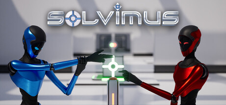 Solvimus key art showing two faceless blue and red humanoid robots reaching toward each other across a glowing test-lab pedestal