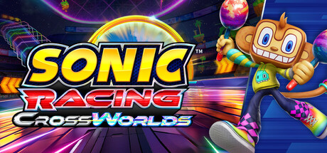 Sonic Racing: CrossWorlds title card, with Amigo the monkey holding maracas beside the game's neon logo