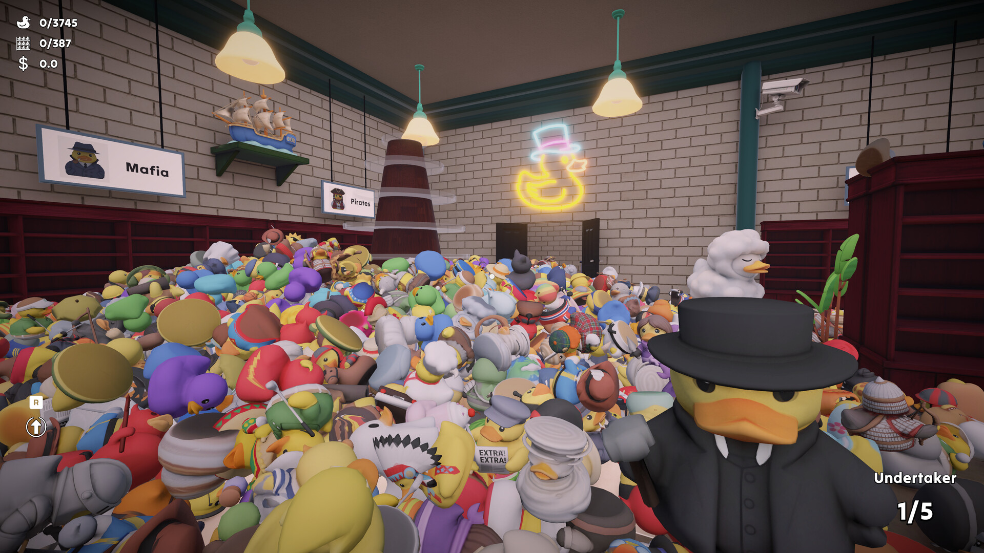 A first-person view of a duck dressed as an old-fashioned undertaker in a black coat and hat standing in front of a huge unsorted pile of ducks, with Mafia and Pirates category shelves and a neon duck sign in the background