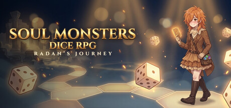 Key art showing the game's logo over a glowing hexagonal board with oversized dice, beside an orange-haired traveler in a coat holding a glowing card