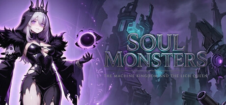 The Soul Monsters logo beside a pale, crowned dark-fantasy sorceress in black and purple robes, set against a glowing mechanical spire