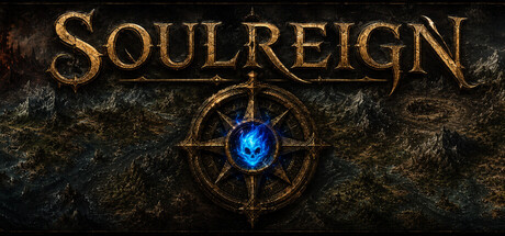 Key art for Soulreign showing the game's gold-lettered logo over a glowing blue skull compass emblem