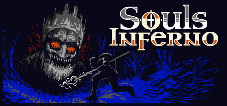 Pixel-art key art for Souls Inferno showing a cloaked knight charging past a giant skull-crowned demon in a blue, twisted forest