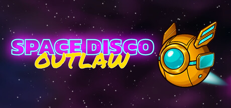 Neon Space Disco Outlaw logo beside the winged outlaw drone against a starfield