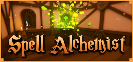Spell Alchemist logo over a glowing green healing spell effect inside a wooden building