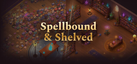 Split key art showing a wizard library buried under scattered books on the left and the same library tidy and glowing on the right, with the game's title centered