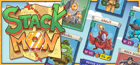 Stackmon key art: the game's logo surrounded by illustrated creature and stat cards