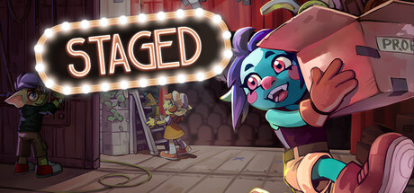 Staged key art showing two goblin stagehands peeking around a prop crate beneath a glowing marquee sign backstage