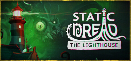 Key art for Static Dread: The Lighthouse showing a red-striped lighthouse against a sickly green sky with a glowing cosmic eye and tentacles looming behind it