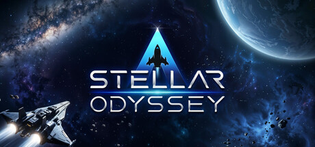 Stellar Odyssey title card showing a triangular ship-emblem logo over a star field with a small spacecraft in the foreground and a blue planet in the background
