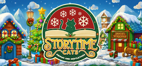 Key art for Storytime Cats Meows and Mistletoes showing a Christmas storybook logo over a snowy village
