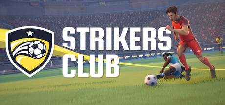 Header art for Strikers Club showing stylized third-person football players competing for the ball on a pitch, next to the game's logo